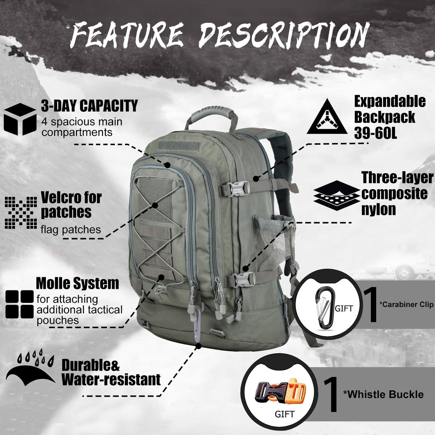 Expandable 40-64L Military Tactical Backpack 3 Day Bag Hiking Gym Sport Camping - Image 3