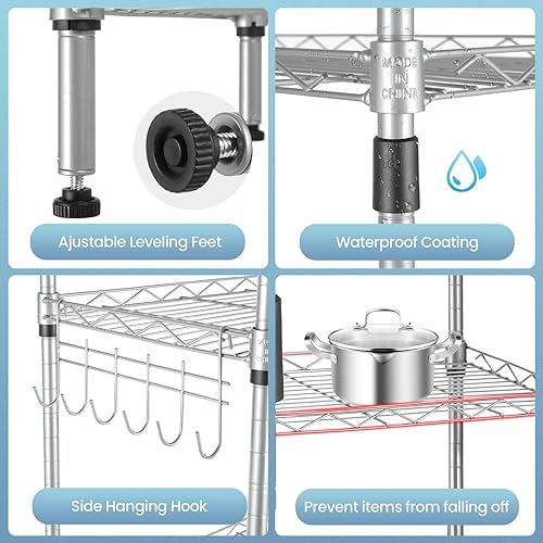 Miniatura 7 de Himimi Estante de almacenamiento de 6 niveles estantería de alambre estante ajustable organización de pie independiente con pies niveladores ganchos