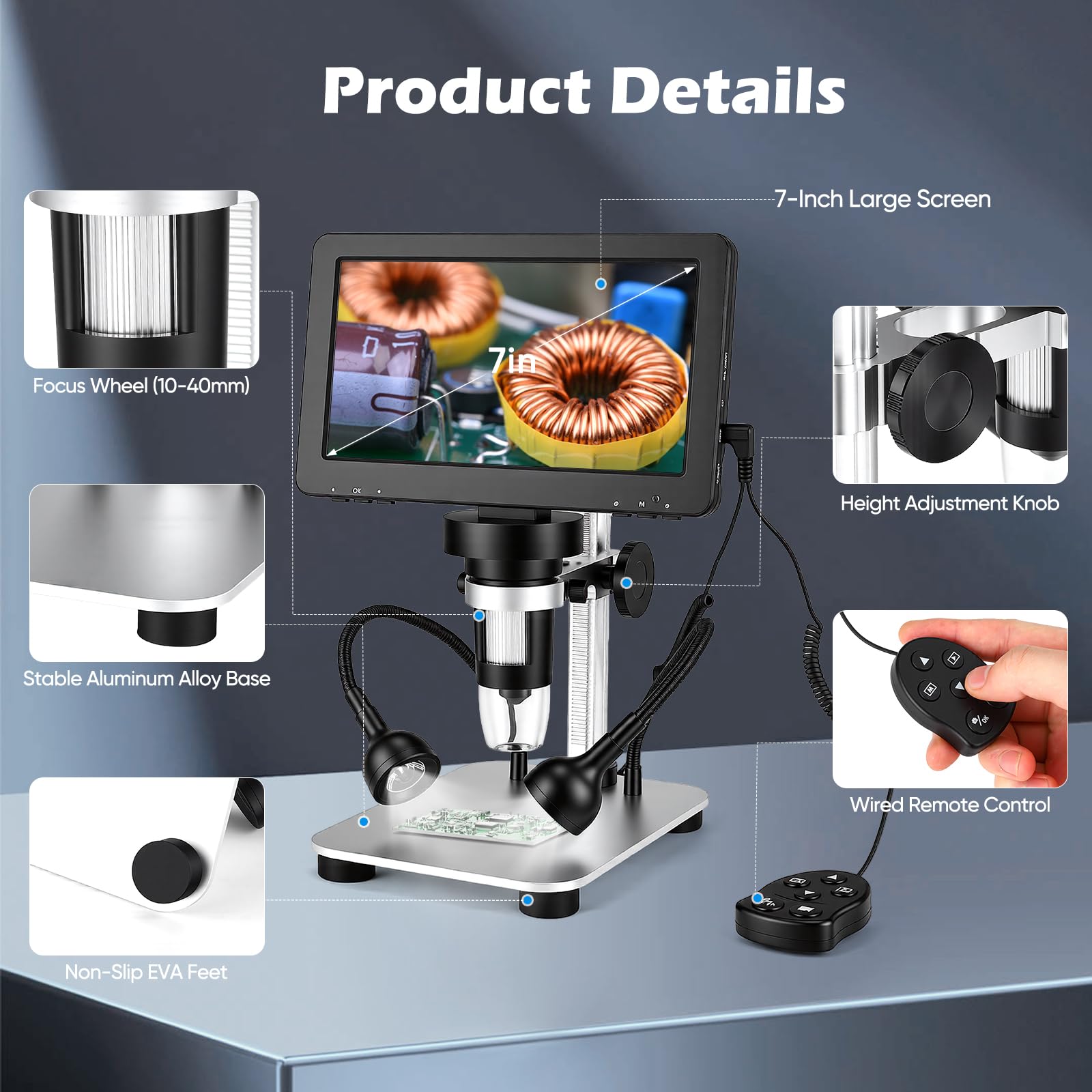 Microscopio Digitale Elettronico Portatile da 7 Pollici 1080P · USB 1200x · Adatto a Tutte le Età · Compatibile con Windows/macOS · per Monete e Kit Biologico