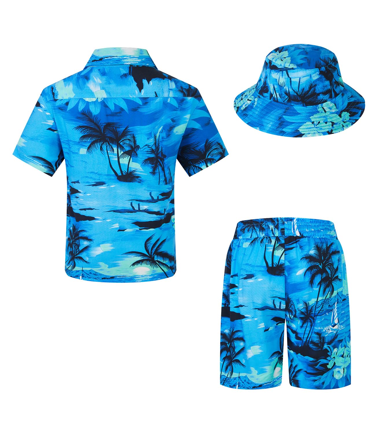 Conjunto de traje hawaiano de 3 piezas, camisa de manga corta + pantalones cortos + sombrero de pescador, tropical verano playa vacaciones, 5 – 16 años