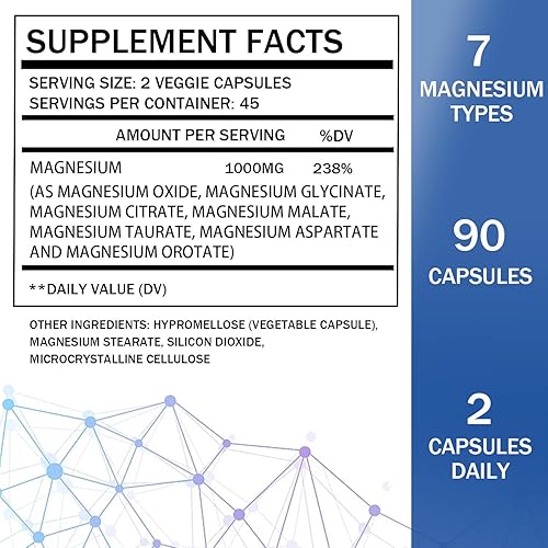 Miniatura 5 de Complejo de magnesio 1000 mg, 7 suplementos de magnesio elemental con glicinato de magnesio, citrato, malato, taurato, óxido, aspartato, orrotato,