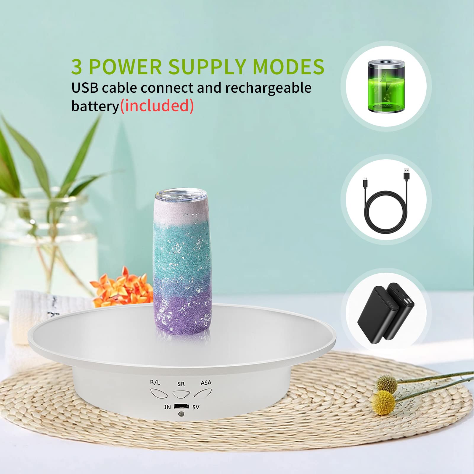 Espositore rotante motorizzato, espositore girevole a 360 gradi rivestito con specchio, per prodotti fotografici e spettacoli, carico massimo 8,2 kg/20 cm, alimentazione batteria/USB