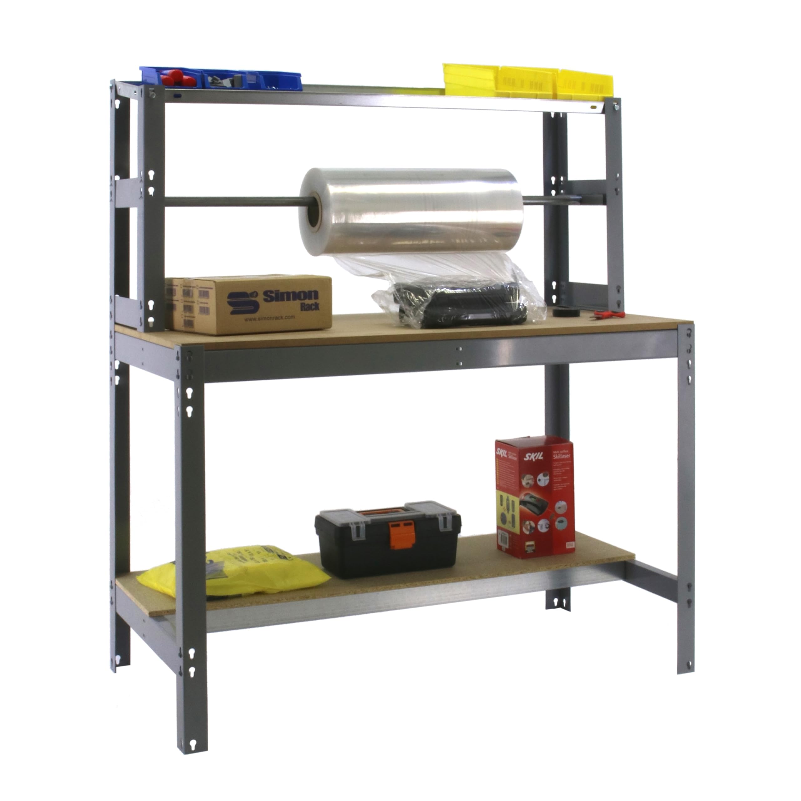 Simon Rack Banco de Trabajo con Porta Rollo 910x760 mm - BT4 | Porta Rollo, Tablero madera 16 mm, Capacidad Carga 400 kg, Gris , Pintura anticorrosión, Montaje sistema clic