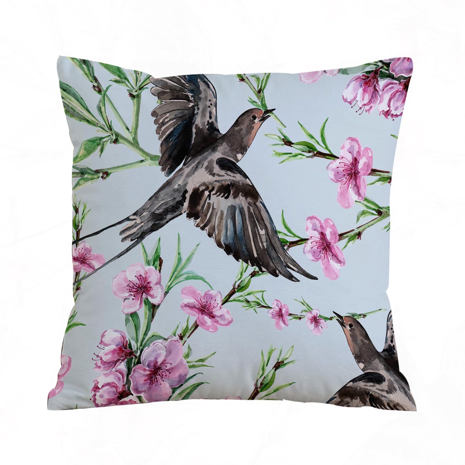 AELKSP Cushion Cover Decorations Pillow Cover Home for Livingroom Couch Sofa Decor Throw Pillow Case Gifts,Bird swallow and flower peach watercolor pattern,18x18 in