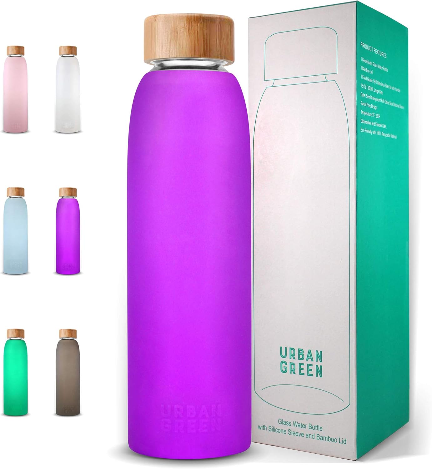 Urban Green Glass Water Bottle with Protective Silicone Sleeve and Bamboo Lid, 18oz, 1extra 304 Stainless Steel Lid with Handle, BPA Free, Dishwasher Safe, Valentine Gift