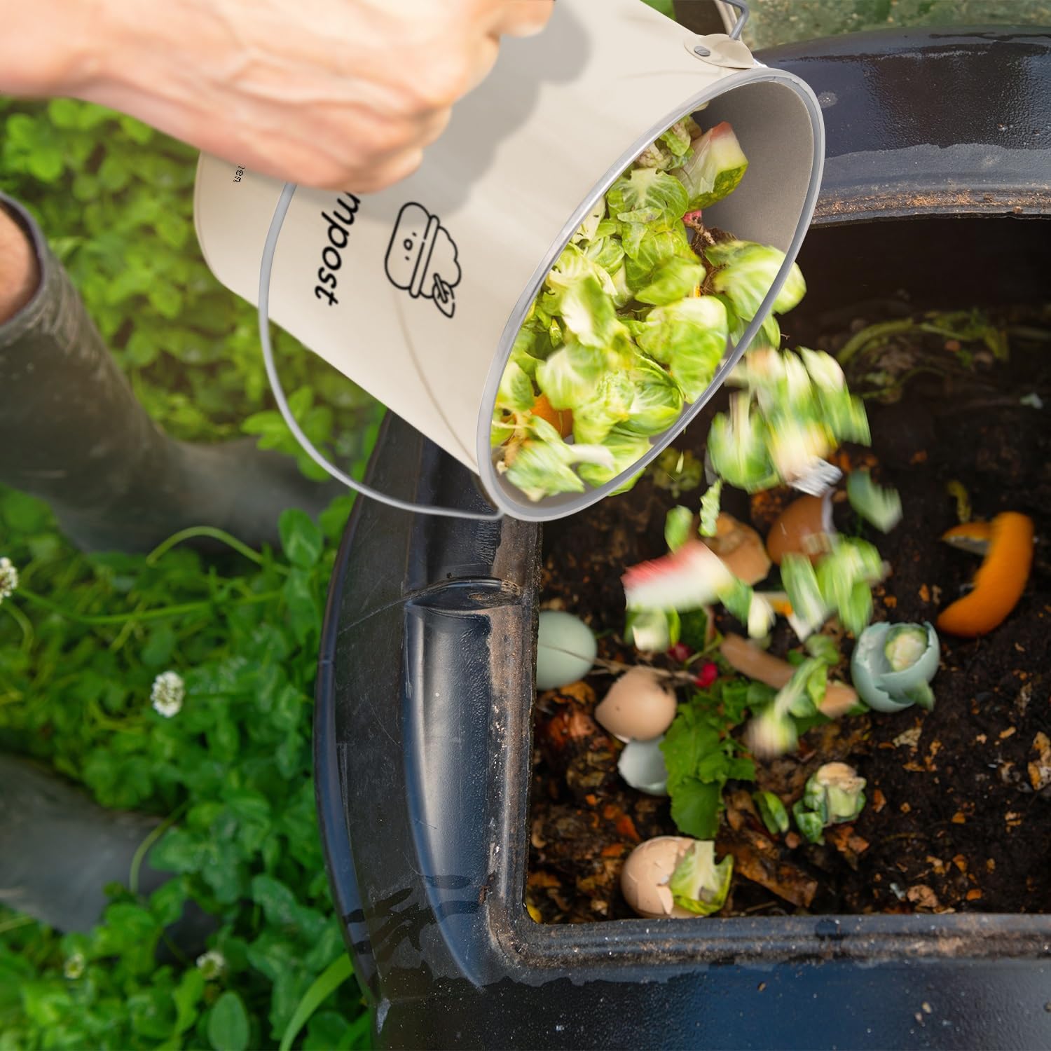 Bac à Compost 3,5 l – Compost de Cuisine Compact en Acier Galvanisé avec Filtres à Charbon