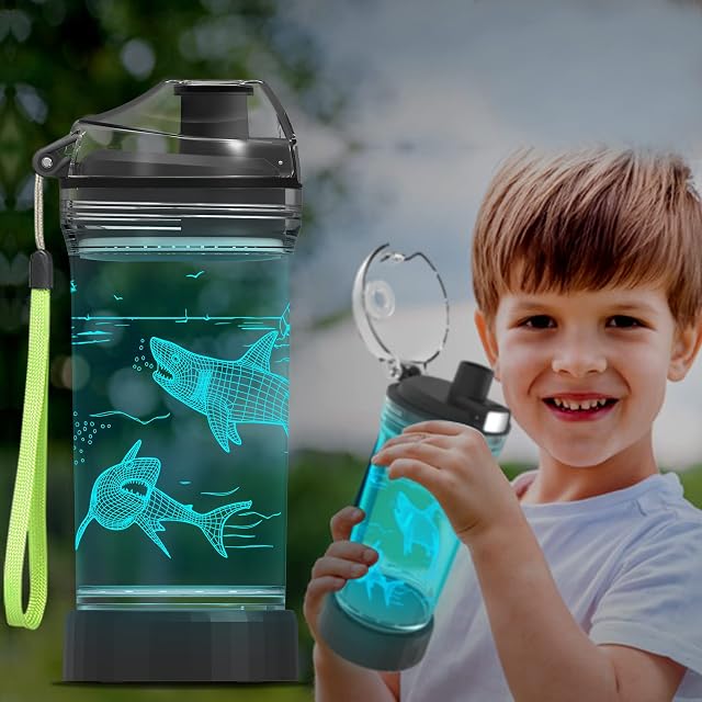 Ammonite Shark Kids Water Bottle with 3D Glowing LED Light - 14 OZ Tritan BPA Free - Creative