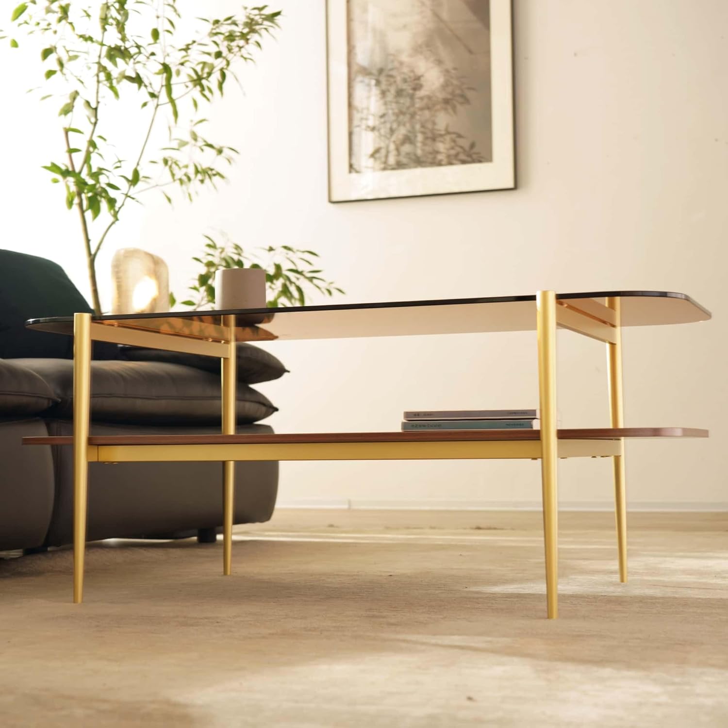 Saint Mossi Tadio Double Layer Glass Coffee Table for Living Room, Brown Glass & Coffee Brown MDF Bottom Shelf with Rounded Corners, L41xW21xH17 Large Oval Brown Glass & Coffee Brown