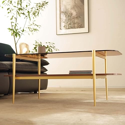 Miniatura 35 de Saint Mossi Tadio - Mesa de centro de vidrio de doble capa para sala de estar, estante inferior de MDF marrón y café Vidrio marrón y marrón