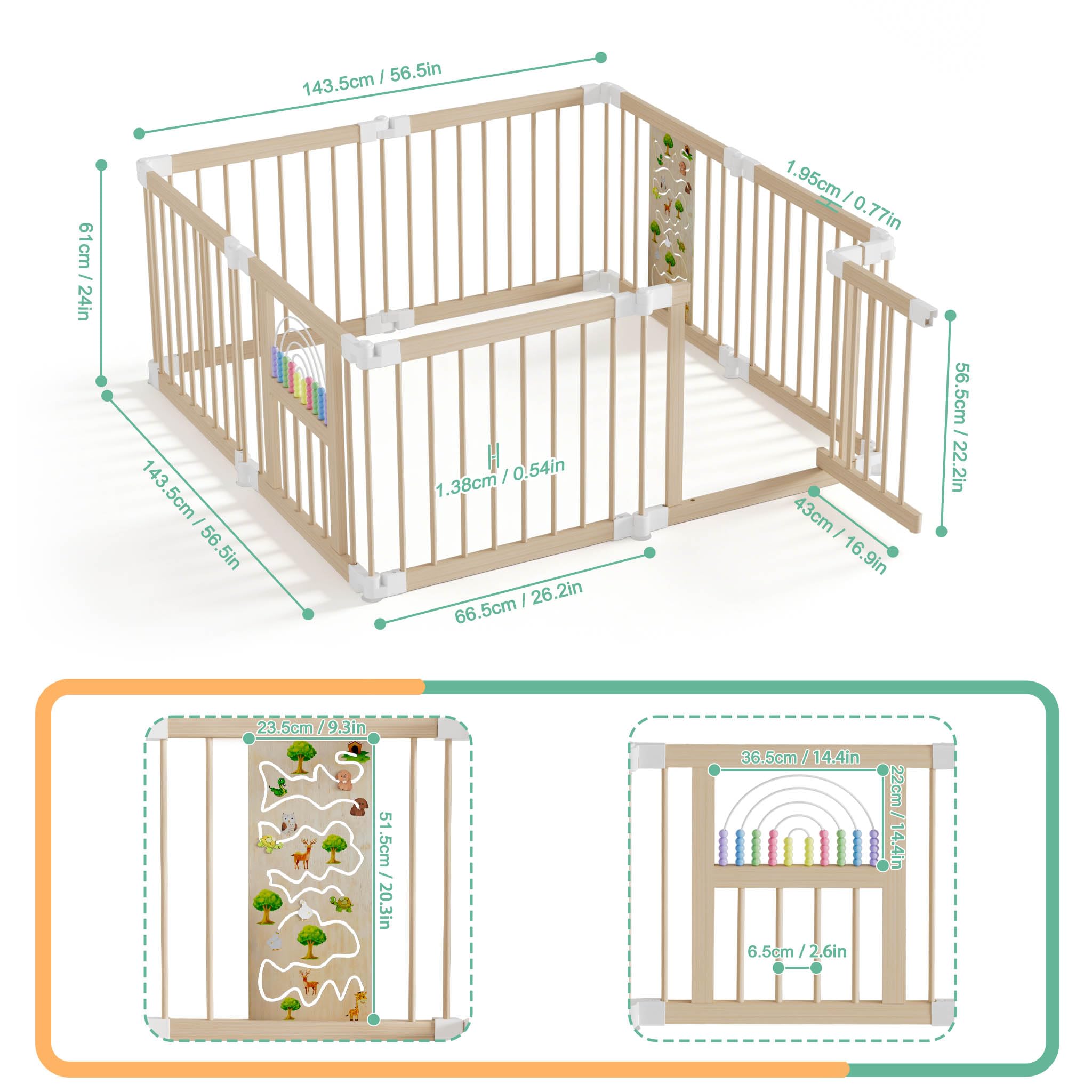 LZQ Parc en bois pour bébé - 8 éléments - Avec porte et tableau de jeu - Pliable - Barrière de sécurité - Grille de protection pour bébé