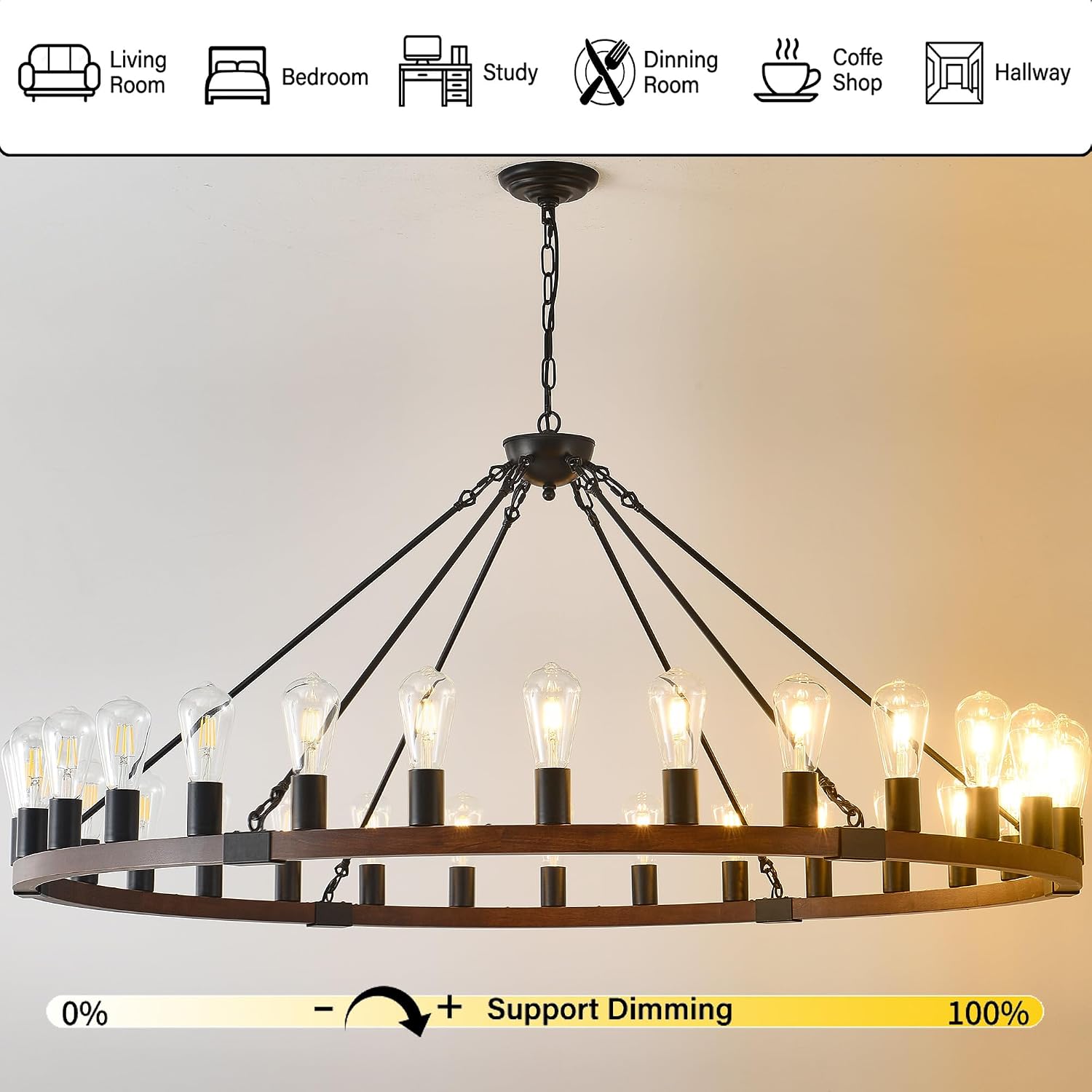 Extra Large 53 Inch Wooden Wheel Chandelier 30 E26 Bulb Farmhouse Pendant Light,Black Walnut Rustic Ceiling Fixture for Spacious Entryways,Lodge Great Rooms&Luxury Ranch House Lighting