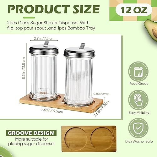 Miniatura 2 de Dispensador de azúcar de vidrio con bandeja de 12 onzas, recipientes de azúcar de estilo retro con tapa de acero inoxidable para cafetería, tarro de
