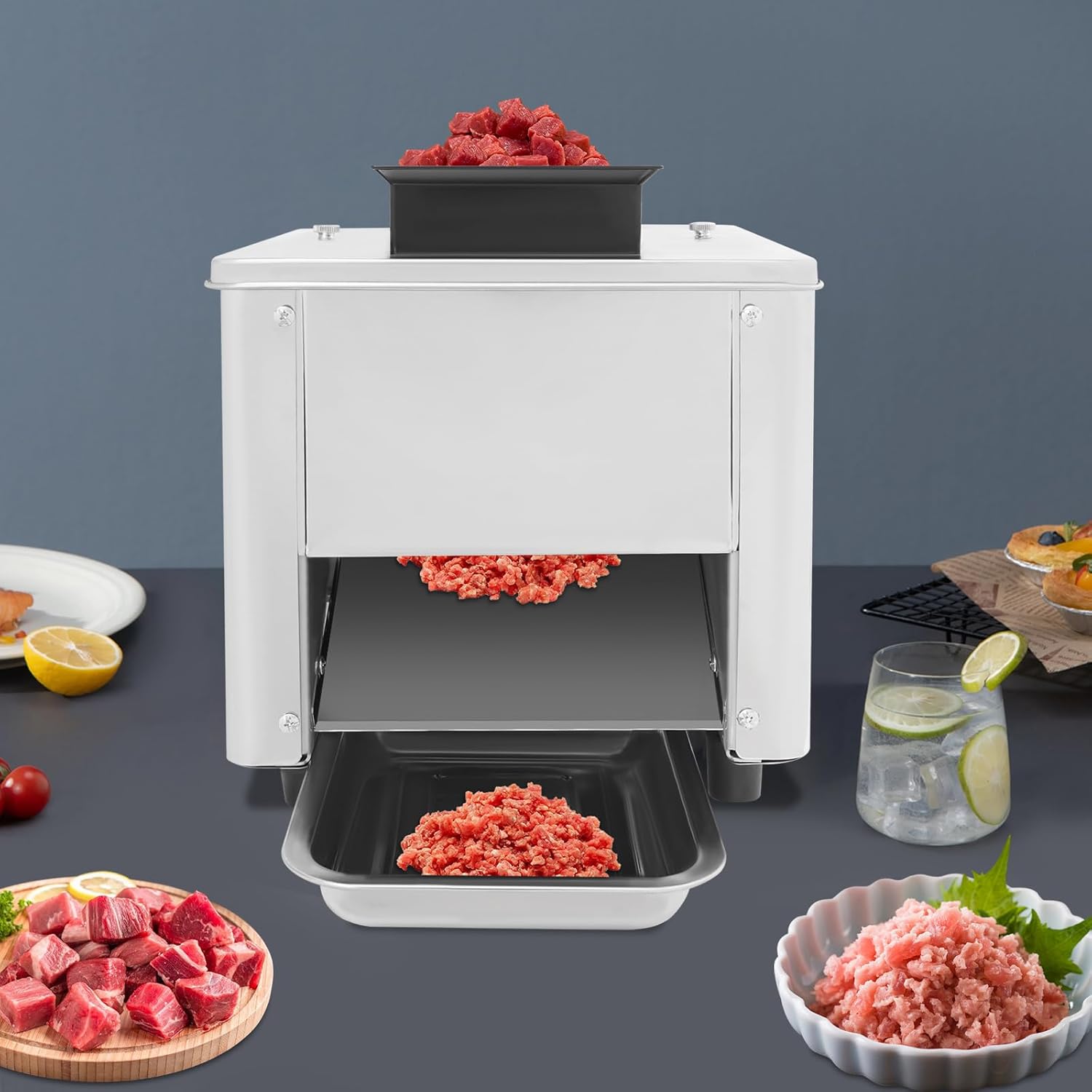 850W Meat Cutter Machine 15mm Electric Meat Slicer Machine 330lb/h Slices Strips Cubes Mince 4 in 1 Stainless Steel Deli & Raw Food Cutting Shredder for Boneless Meats for Home Restaurant Supermarket