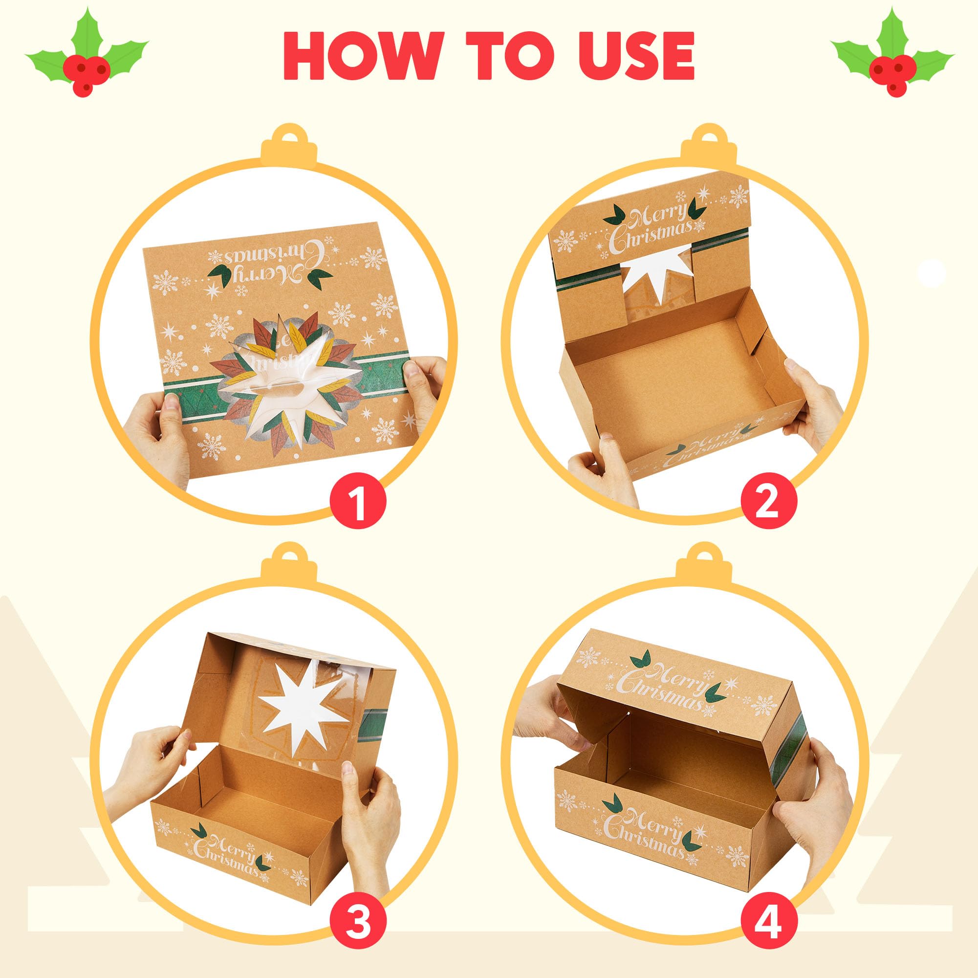 JOYIN 24 Scatole di biscotti natalizi kraft kraft con finestra 8,5 "x 5,75" x 2,75 ", tratta scatole con 3 disegni per pasticcini, cupcakes, brownies, regalo, ciambella e biscotti