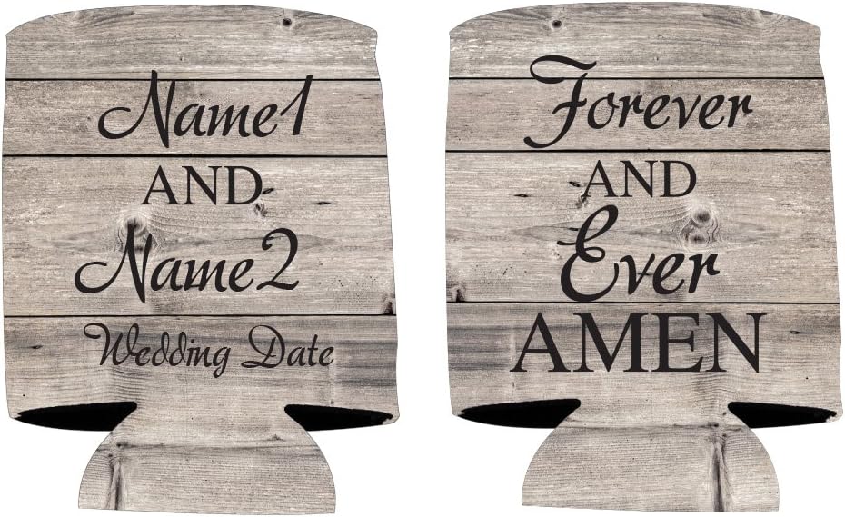 VictoryStore Rustic Wedding Can Coolers – Custom “Forever and Ever Amen” Design – Personalized Party Favors for 12-16oz Cans – Set of Customizable Drink Sleeves – Made in USA, Set of 25