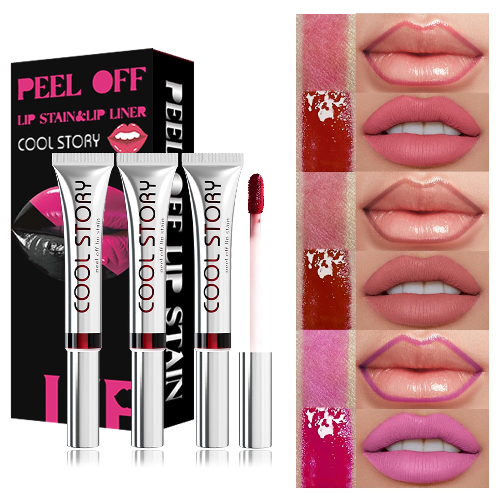 3PCS Peel Off Lip Stain Lip Tint Set, Matte Lipstick & Lip Liner, Waterproof Long Lasting Peel Off Lip Gloss