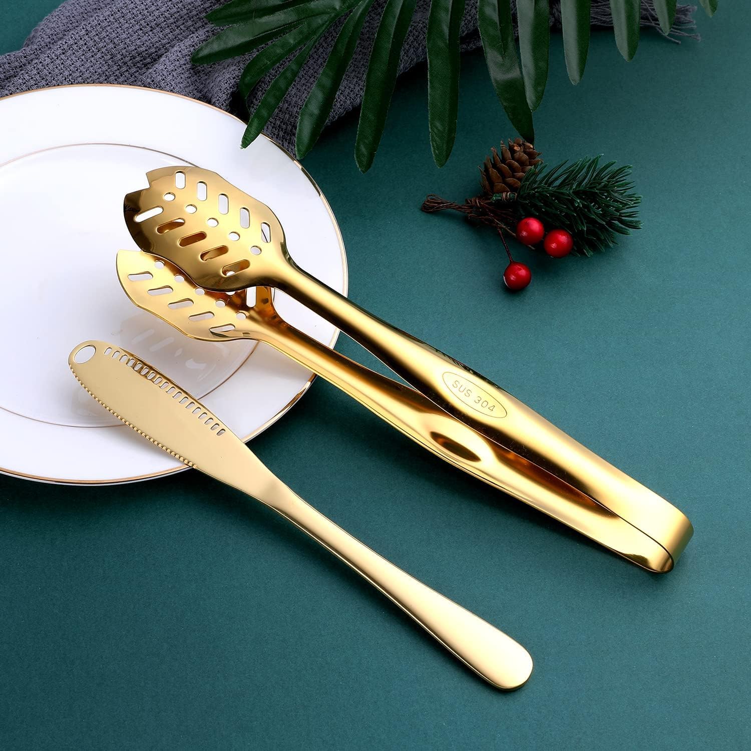 OGORI Juego de cubiertos dorados de 8 piezas, cubiertos de acero inoxidable, incluye cuchara de servir, cuchara de sopa, servidor de pasteles, tenedor, tenedor de ensalada, cuchillo de mantequilla