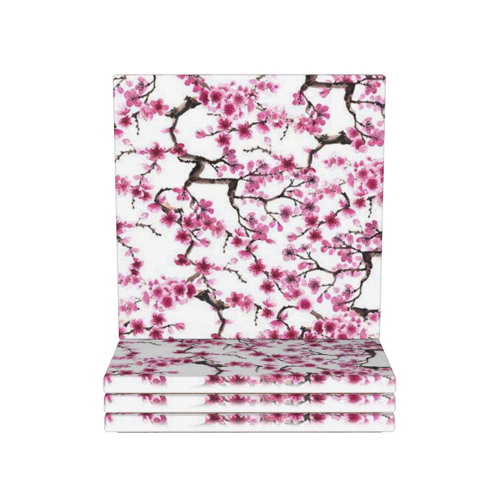 Set 4 Sottobicchieri In Ceramica Assorbenti – Fiori Di Ciliegio Rosa Con Base In Sughero E Supporto