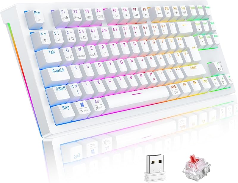 TECURS Wireless Mechanikus Gamer Billentyűzet 80% TKL QWERTZ Piros Switch RGB