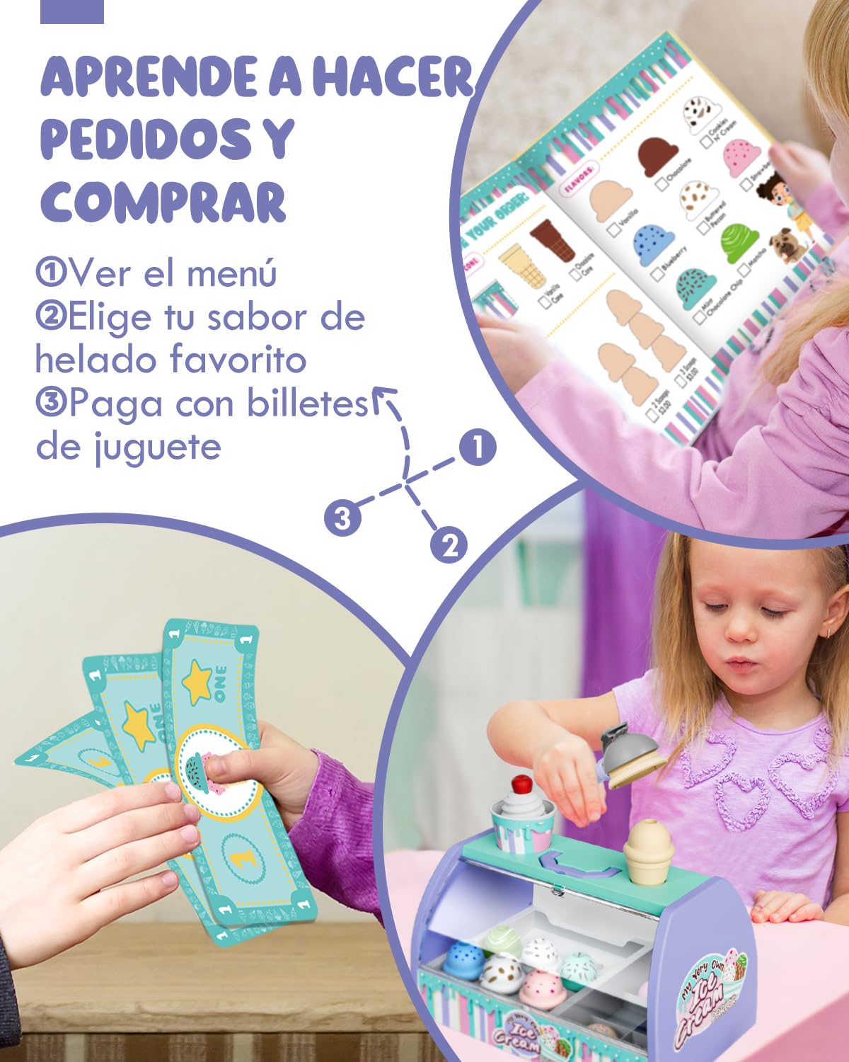 Lehoo Castle Heladeria Juguete, Cocinita Infantil, Comida de Juguete, Juguetes Montessori 2 Años, Utensilios Cocina Juguete, Regalo para Niños y Niñas de 3 Anos y Más(Púrpura)
