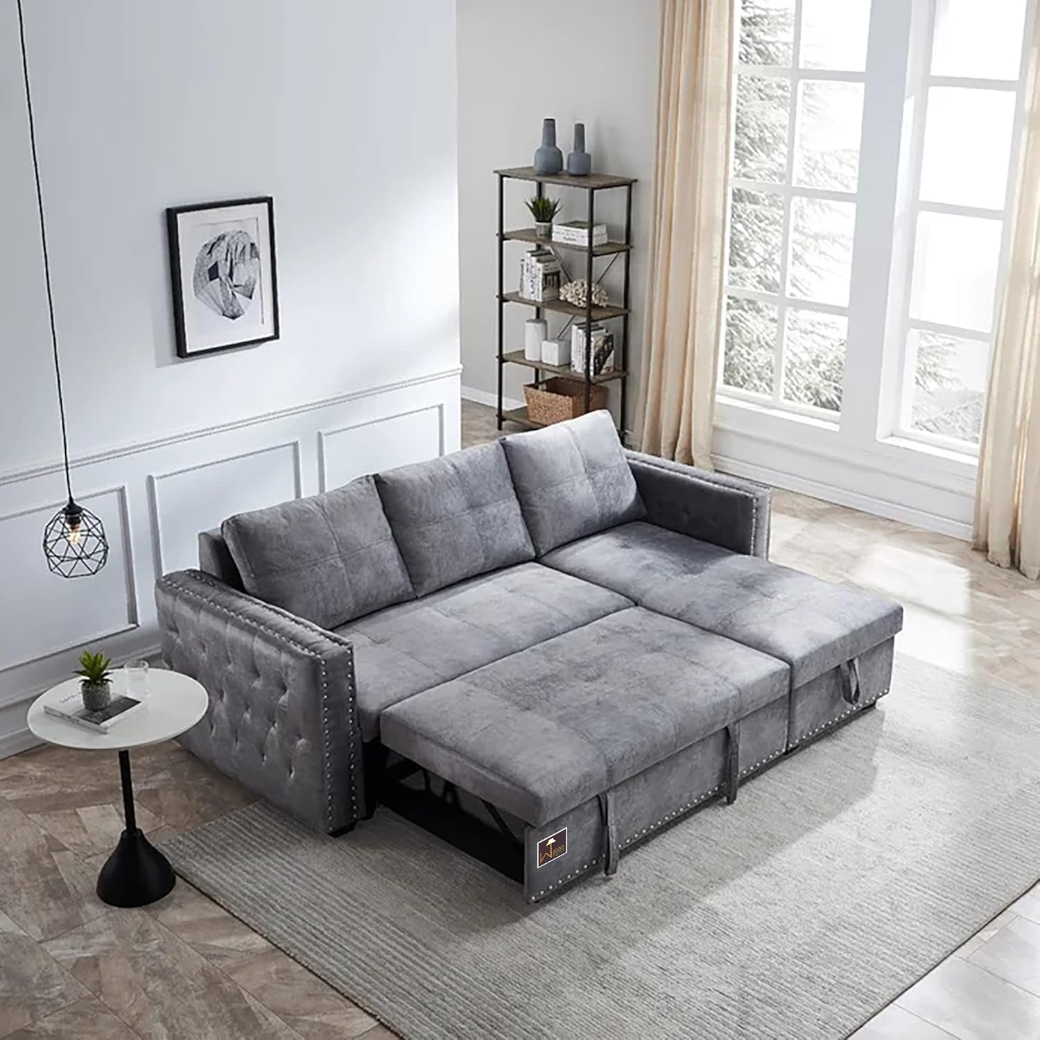 Wooden Twist Wood Modern Style 5 Seater-Sofa Cum Bed With Comfort Cushion (Right-Side), 48-66 Inches, Grey Wooden Twist Wood Modern Style 5 Seater-Sofa Cum Bed With Comfort Cushion (Right-Side), 48-66 Inches, Grey