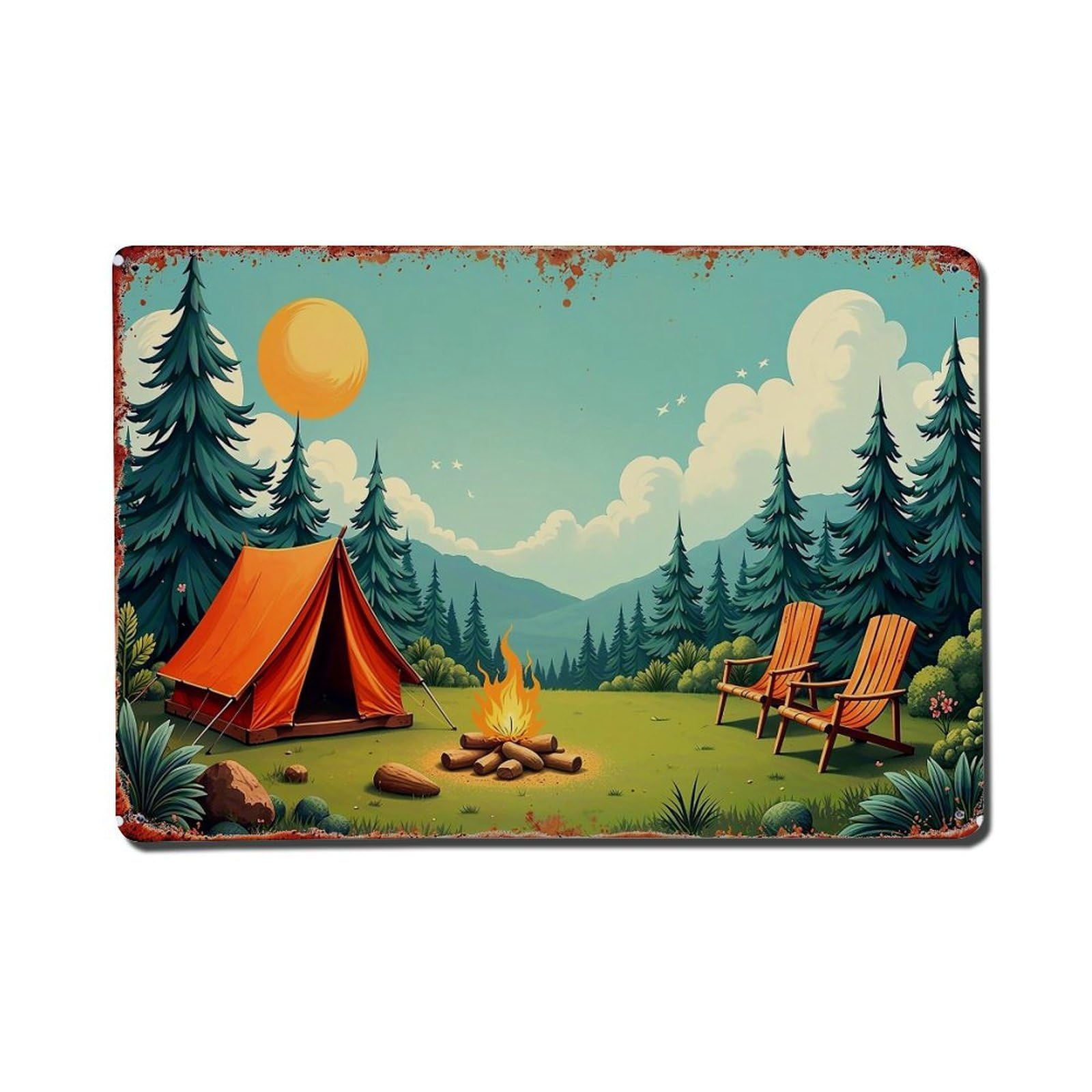 Camping Scene With Tent Fire Metal Tin Sign Plaque