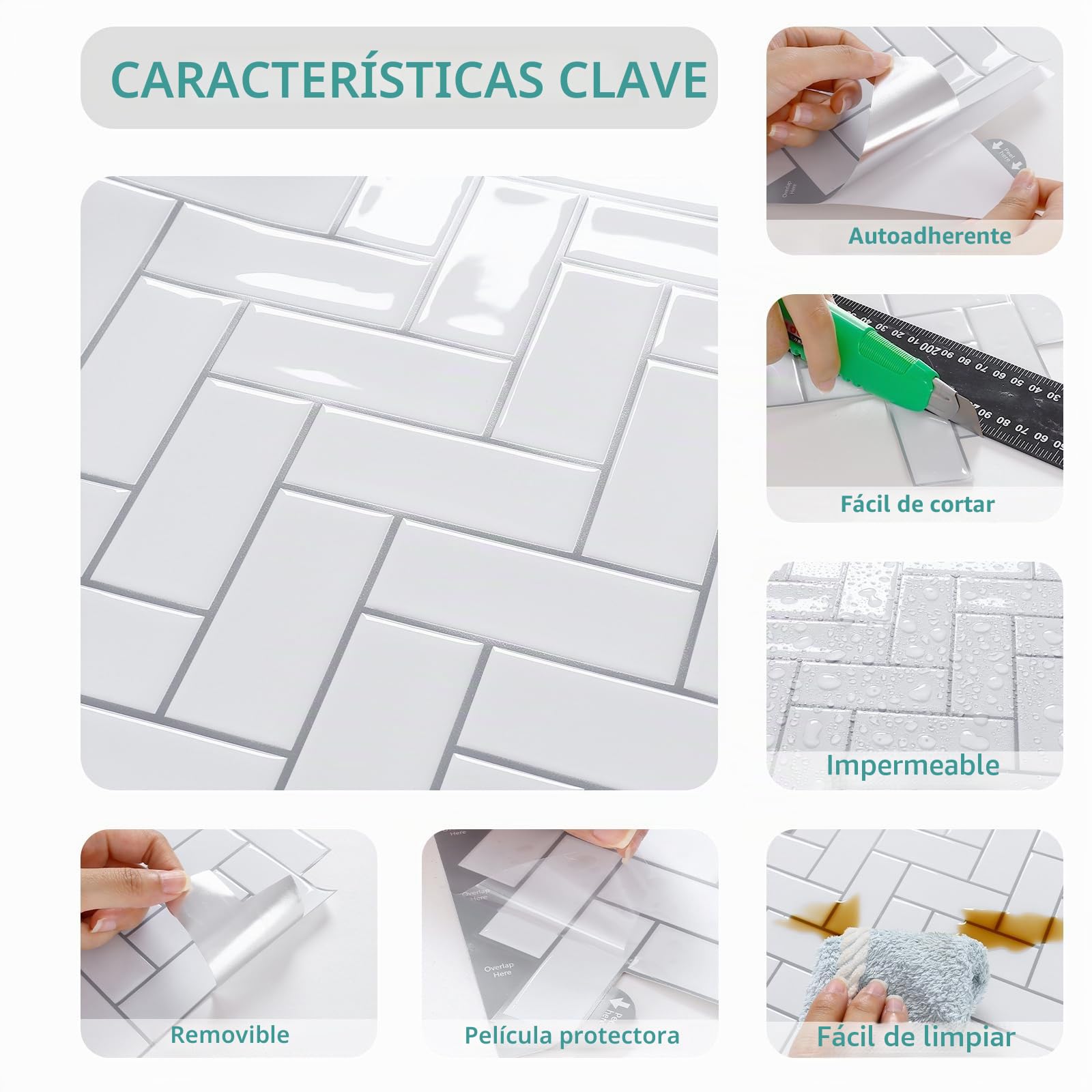 VEELIKE Azulejos Adhesivos Baño Espiga Blanco 3D Baldosas Adhesivas Pared Cocina Impermeable Vinilos Baño Azulejos Blanco Brillante Vinilo Cocina Pared Azulejo 30.5 cm × 30.5 cm 24 Piezas