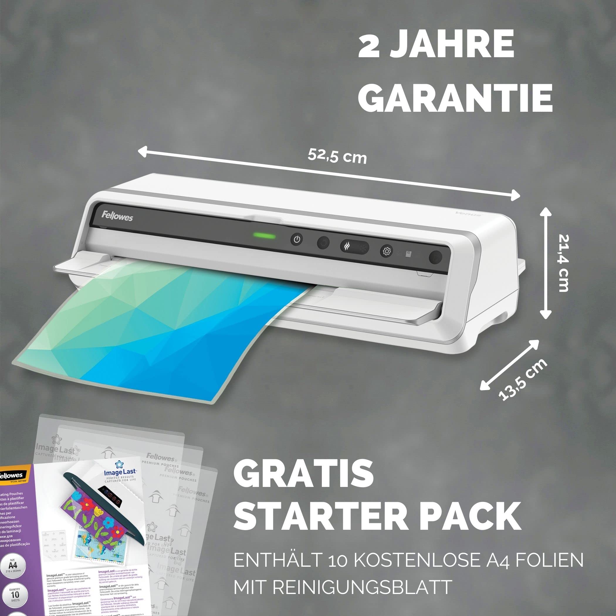 Fellowes Laminiergerät Venus A3 - vollautomatischer Highspeed Laminator - nur 30-60 Sek. Aufwärmzeit - für Heißlaminierfolien bis 250mic - Anti-Stau-Funktion - inkl. Starterset für 10 Laminationen
