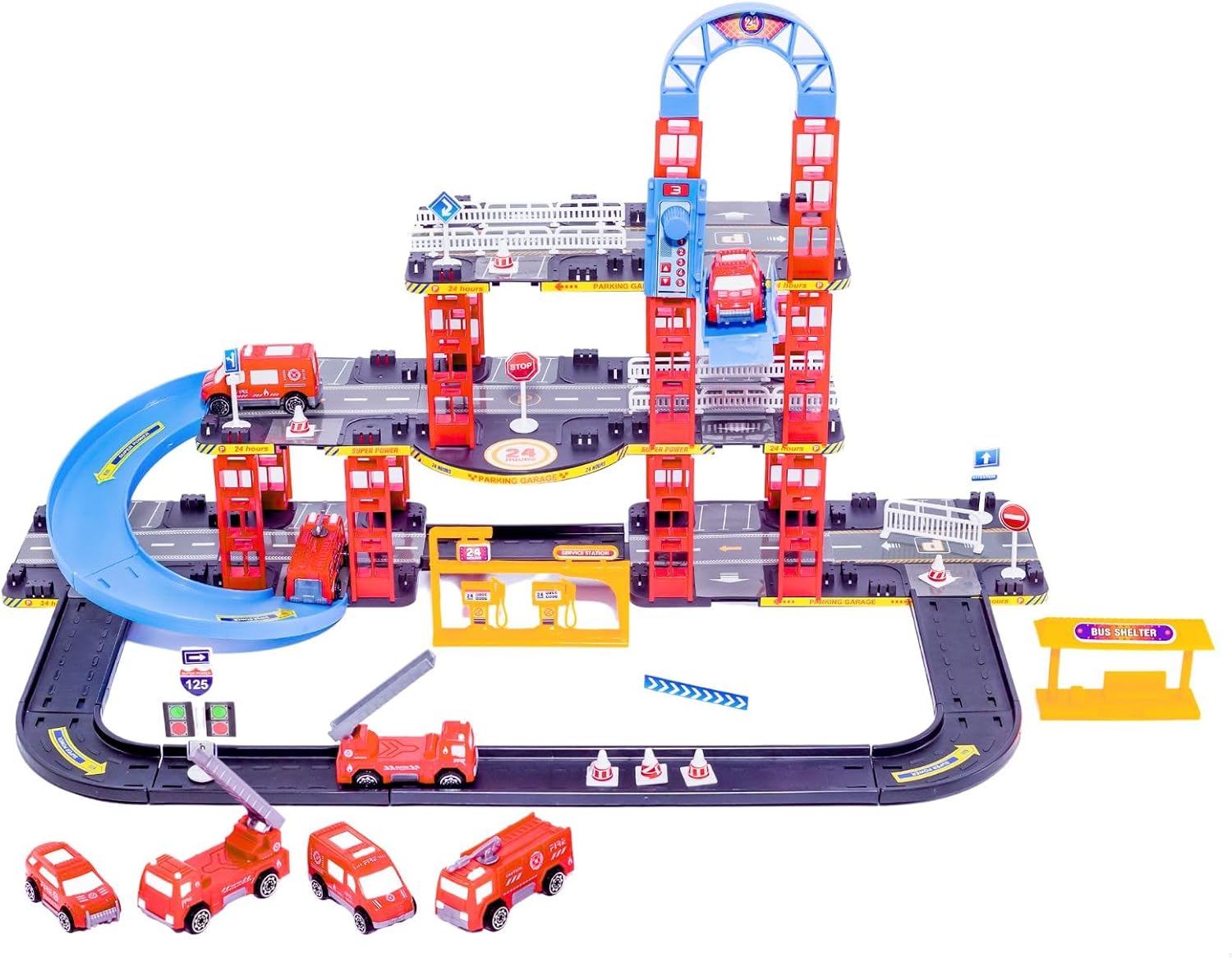 Pista De Carrinhos Bombeiro C/Rampa e Elevador Brinquedo Infantil 3 Andares Acompanha 4 Carrinhos