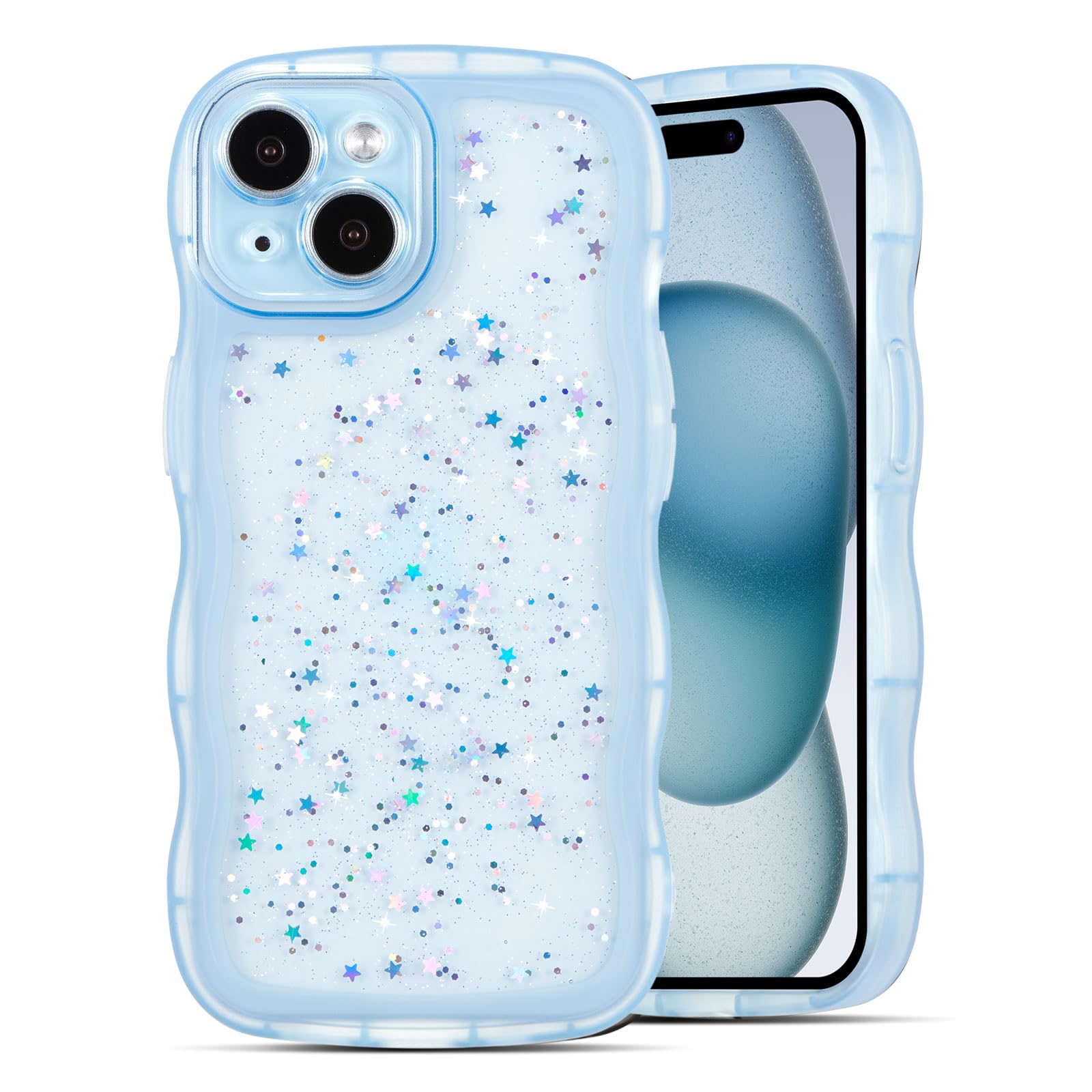 QLTYPRI iPhone 17e / 16e 用 ケース クリア TPU カバー ウェーブ おしゃれ 韓国 可愛い グリッター 透明 軽量 耐衝撃 滑り止め スマホケース ワイヤレス充電対応 ストラップホール付き アイフォン17e/16e 用 ケース 6.1インチ 対応 - ブルー