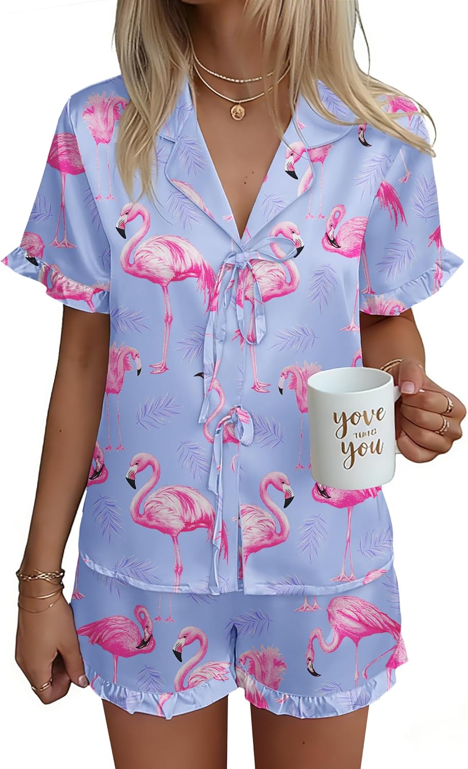 Ekouaer Satin Pajama for Women Short Sleeve Silky Pj Short Set Bow Front Tie Up Loungewear Sleepwear