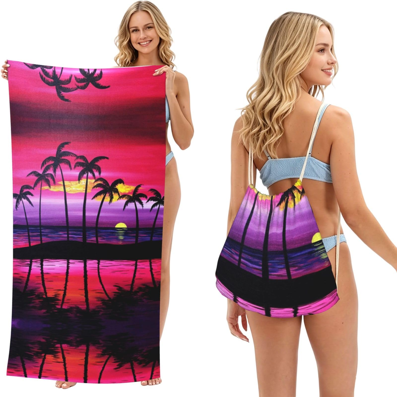ESNAIUVCD Palm Tree Sunset Design Print Beach Towel For Adults,Towel With Drawstring Bag, Travel Pool Swimming Sports Shower Sand Free Quick Dry Bath Towel For Pool, Beach, Yoga- 180x60cm