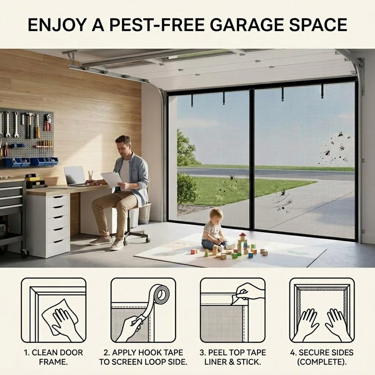 Moustiquaire de Porte de Garage Magnétique en Fibre de Verre, Rideau Anti Mouche Lourd, Moustiquaire pour Porte de Garage et Baie Vitrée, Idéal pour Atelier Balcon Animaux(Noir,300x200cm)
