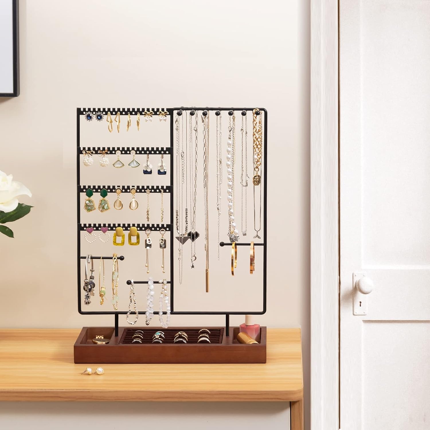 ProCase Jewelry Stand Organizer Earring Holder, 144 Holes Stud Earring Display Rack Necklace Holder Storage Tower with Removable Wooden Ring Tray for Earrings Necklaces Bracelets Rings Watches -Black : Clothing, Shoes & Jewelry