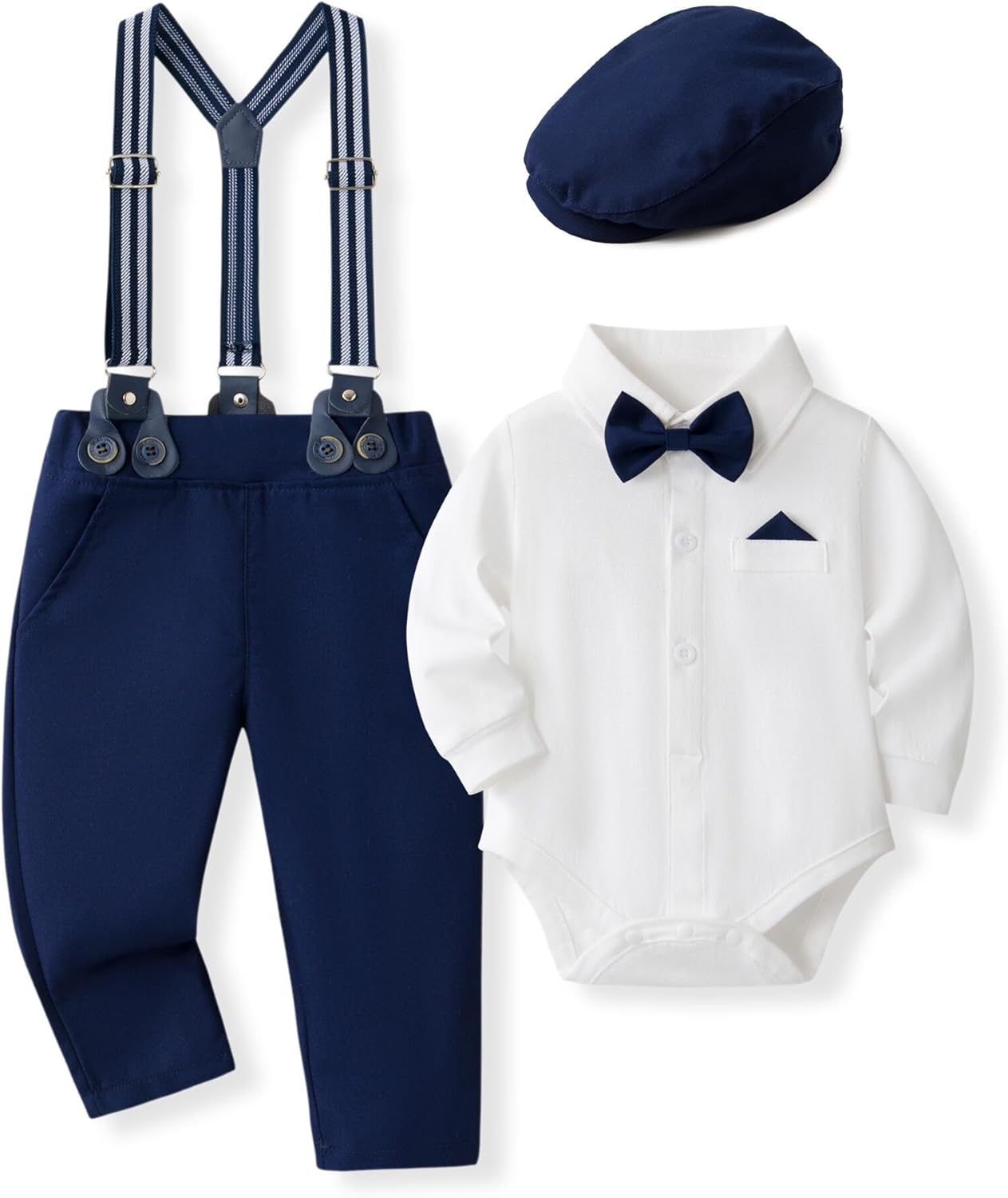 Kimocat Baby Boy Outfits Suits Infant Formal Tuxedo Suits Gentleman Wedding Shirt+Beret Hat+Suspender Pants+Bowtie