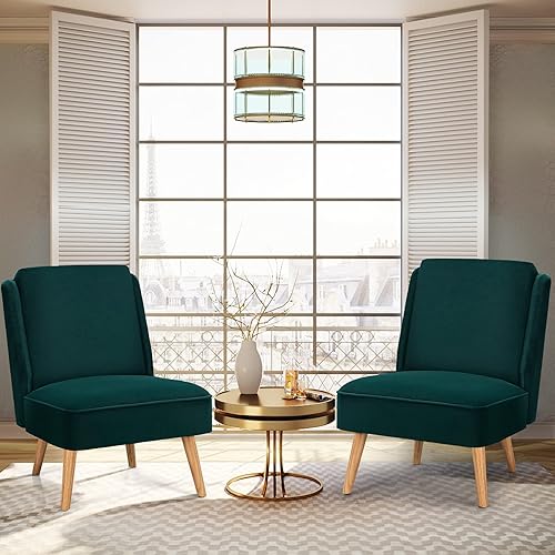 Miniatura 34 de Giantex Juego de 2 sillas decorativas de terciopelo, cómoda silla individual con patas de madera de goma, moderna silla tapizada para sala de estar,