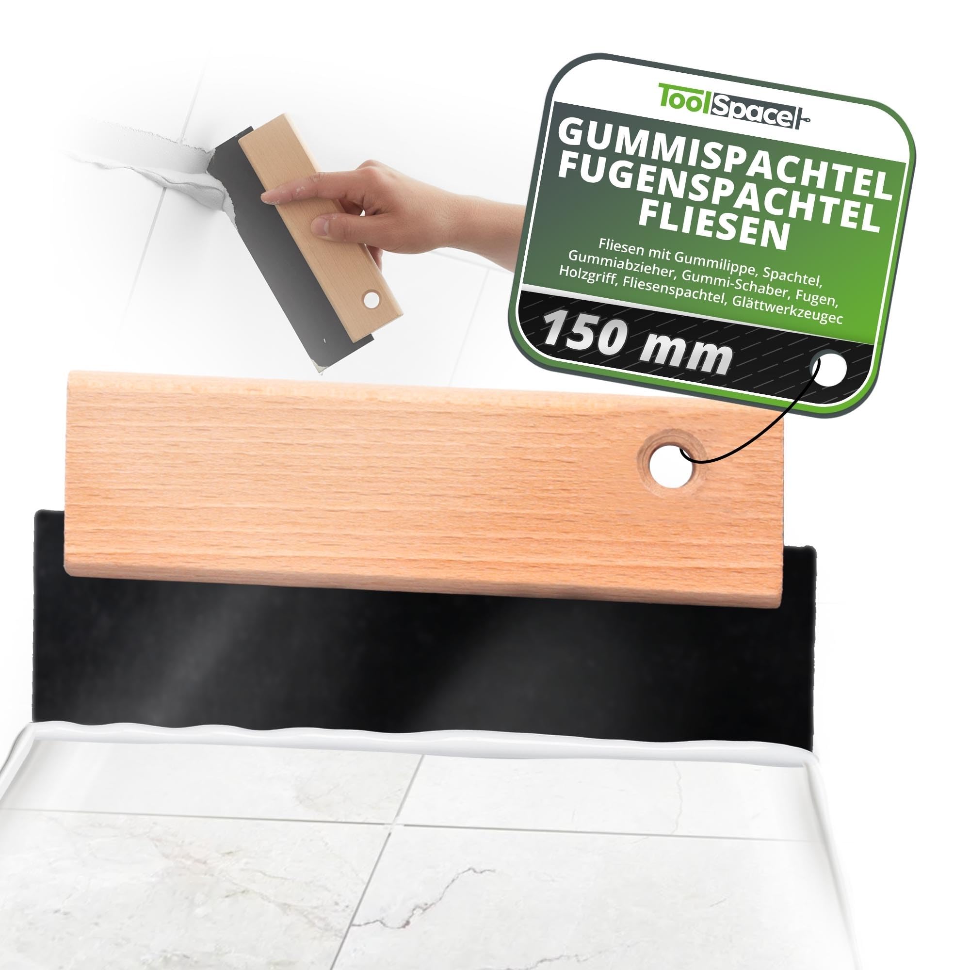 ToolSpace Gummispachtel Fugenspachtel Fliesen mit Gummilippe Spachtel Abzieher Gummi 150 mm Gummischaber Fugen Holzgriff Fliesenspachtel Werkzeuge Glättkelle Ergonomisch Arbeit Verfuggummi | 1 Stück