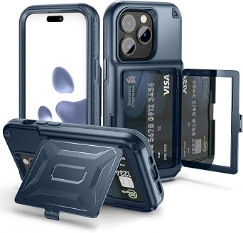 WeLoveCase for iPhone 14 Pro Case for Women, Men, Defender Credit Card Holder Cover with Hidden Mirror, Three Layer Shockproof Heavy Duty Protection Case for iPhone 14 Pro 6.1 Blue
