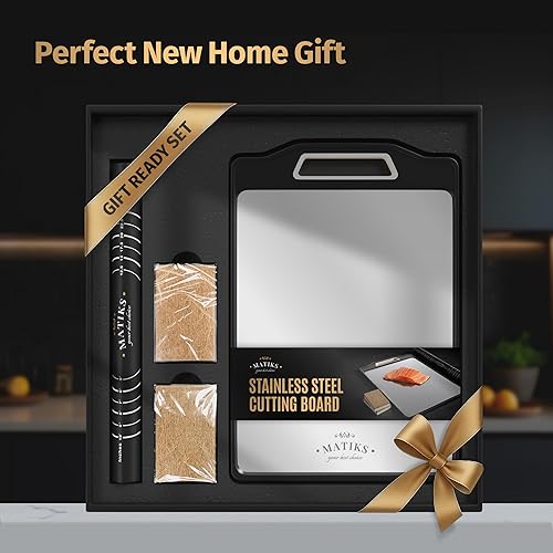 Miniatura 9 de Matiks Juego de tablas de cortar de acero inoxidable, 16 x 11 pulgadas, tabla de cortar de metal grande de doble cara apta para lavavajillas para
