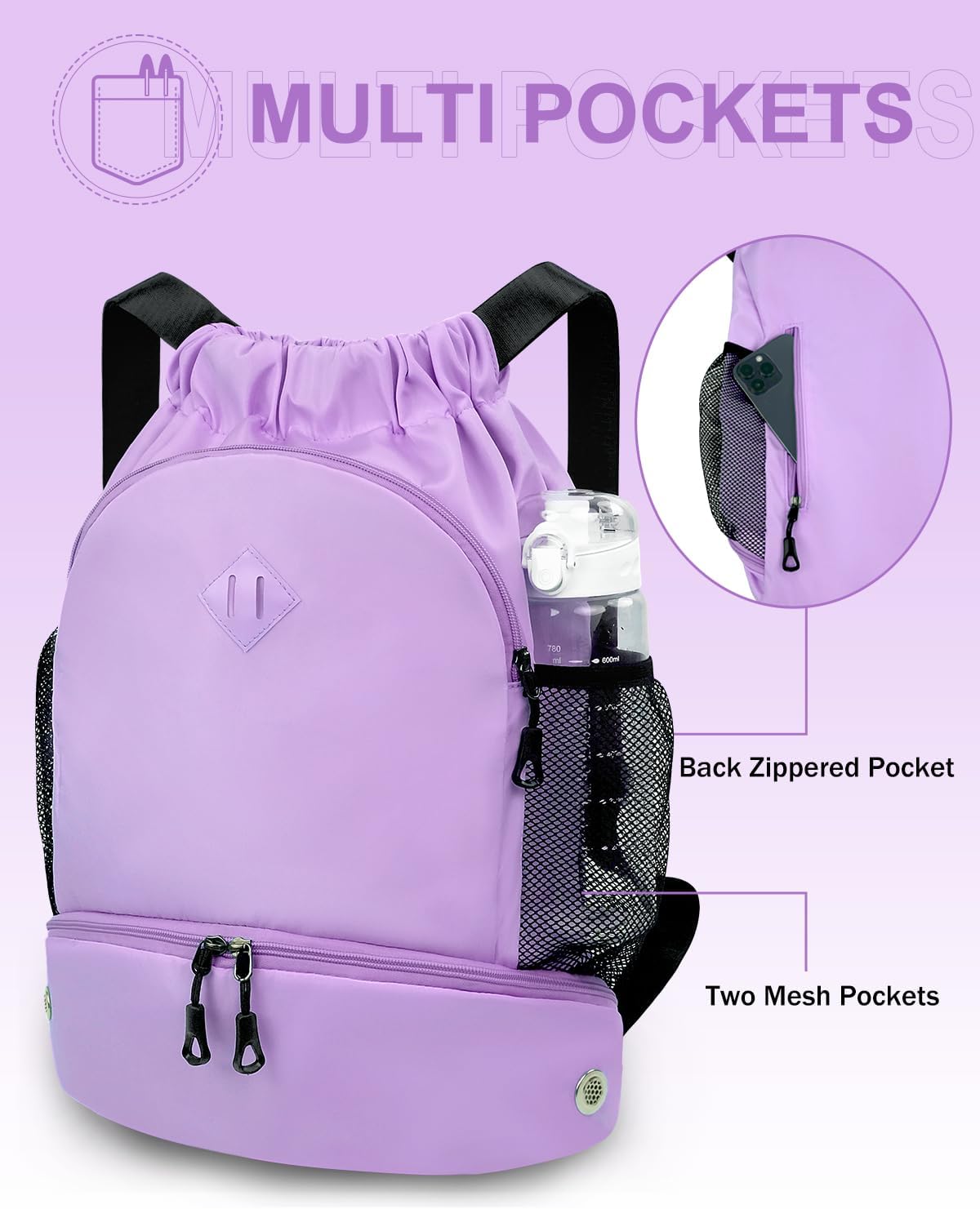 Drawstring Backpack Gym Backpack with Shoe Compartment for Men Women String Sports Bag with Wet Pocket Cinch Swim Beach Bag, Purple (Patent Pending) - Image 3