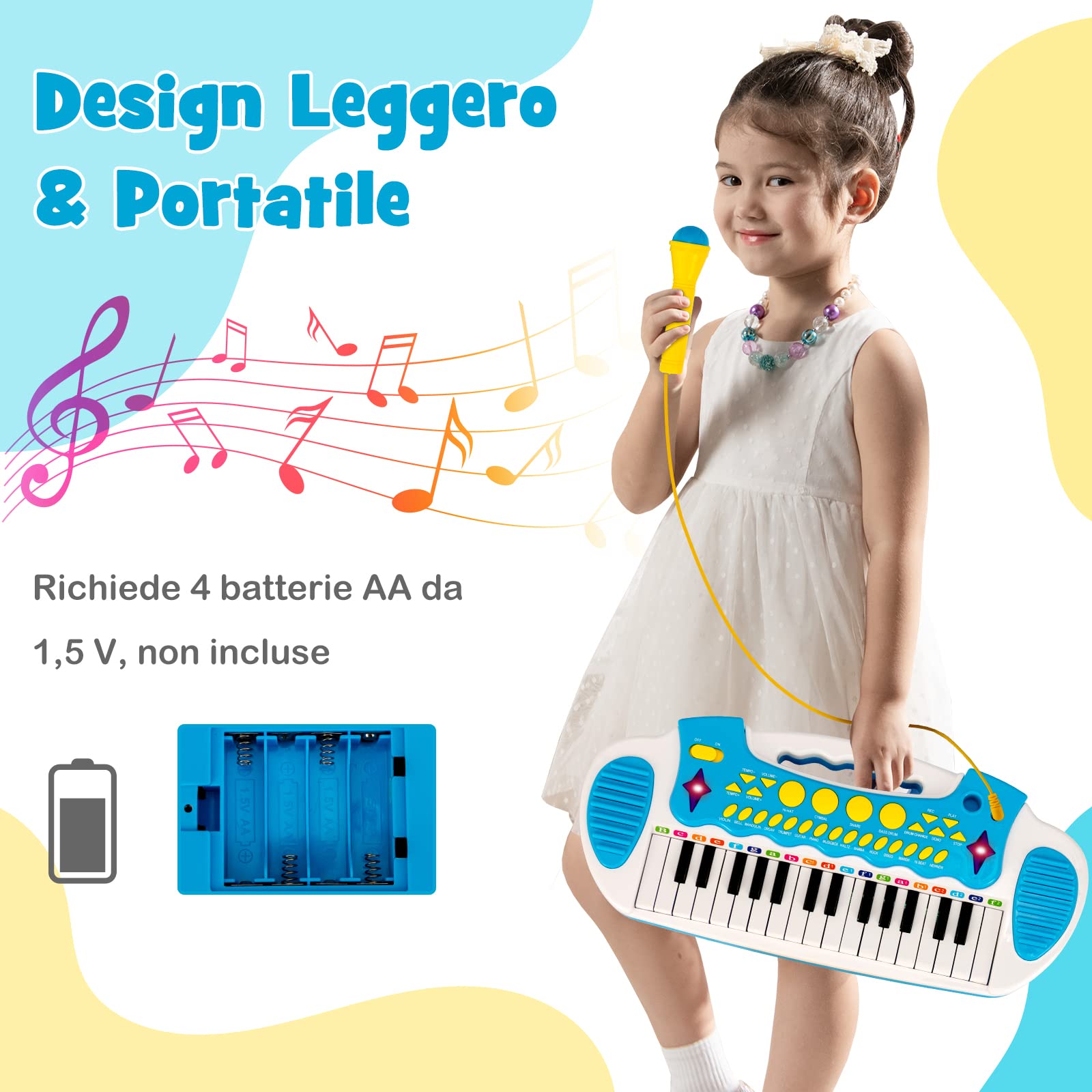 COSTWAY Tastiera Giocattolo a 31 Tasti, Pianoforte Digitale per Bambini, con Microfono Sgabello Luci, Funzioni di Record e Playback, Pianola Bambini con 22 Battiti/8 Toni/7 Ritmi, per 3+ Anni (Blu)