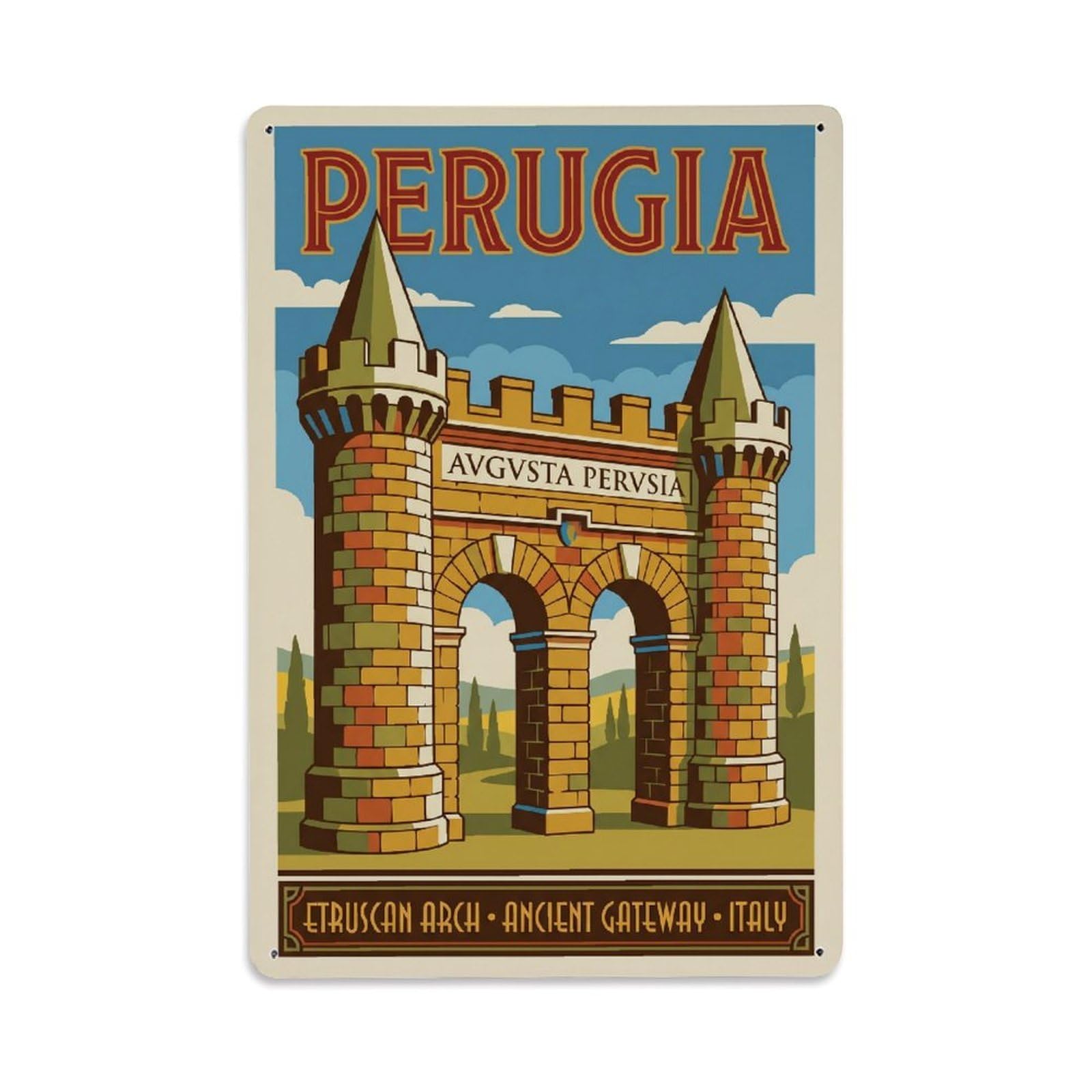 Vintage Travel Perugia Etruscan Arch Clean Italy Metal Tin Sign Plaque Wall Decor for Cafe, Club Bar, Office, Home Garden Metal Poster 8x12Inch
