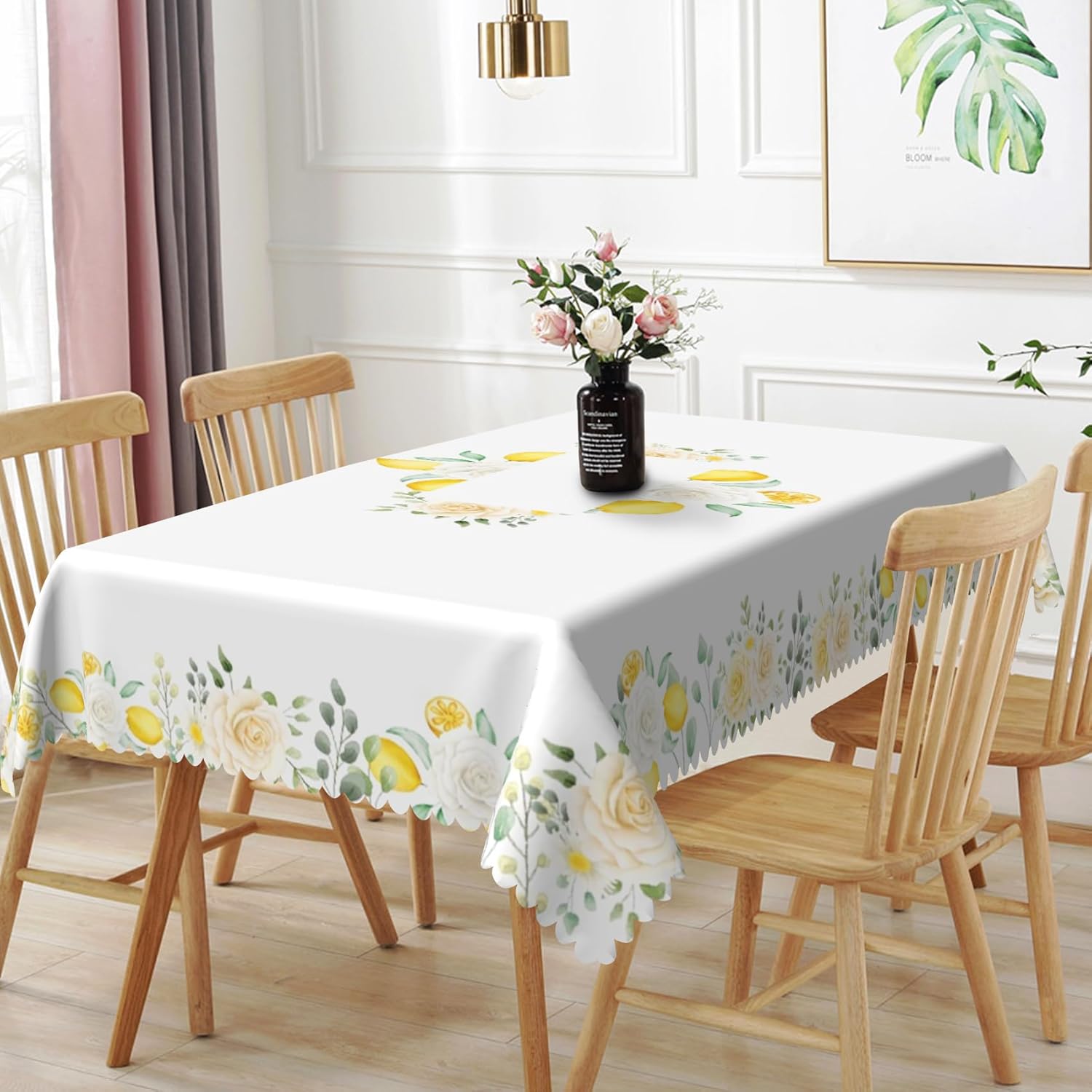70x108inches Summer Lemon Tablecloth Fresh Lemon Floral Green Leaves Farmhouse Table Cover Stain Resistant Rectangle Table Cloth for Dining Room Kitchen Indoor Outdoor Banquet Party Decor