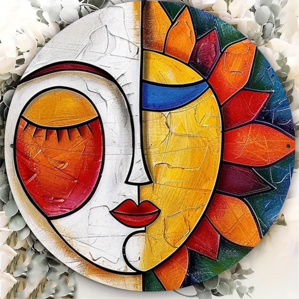 Sun and Moon Abstract Metal Wall Art - 7.98x7.98 Iron Sign for Home Decor, Waterproof & Weather-Resistant, Hippie Theme with HD Print Texture, White