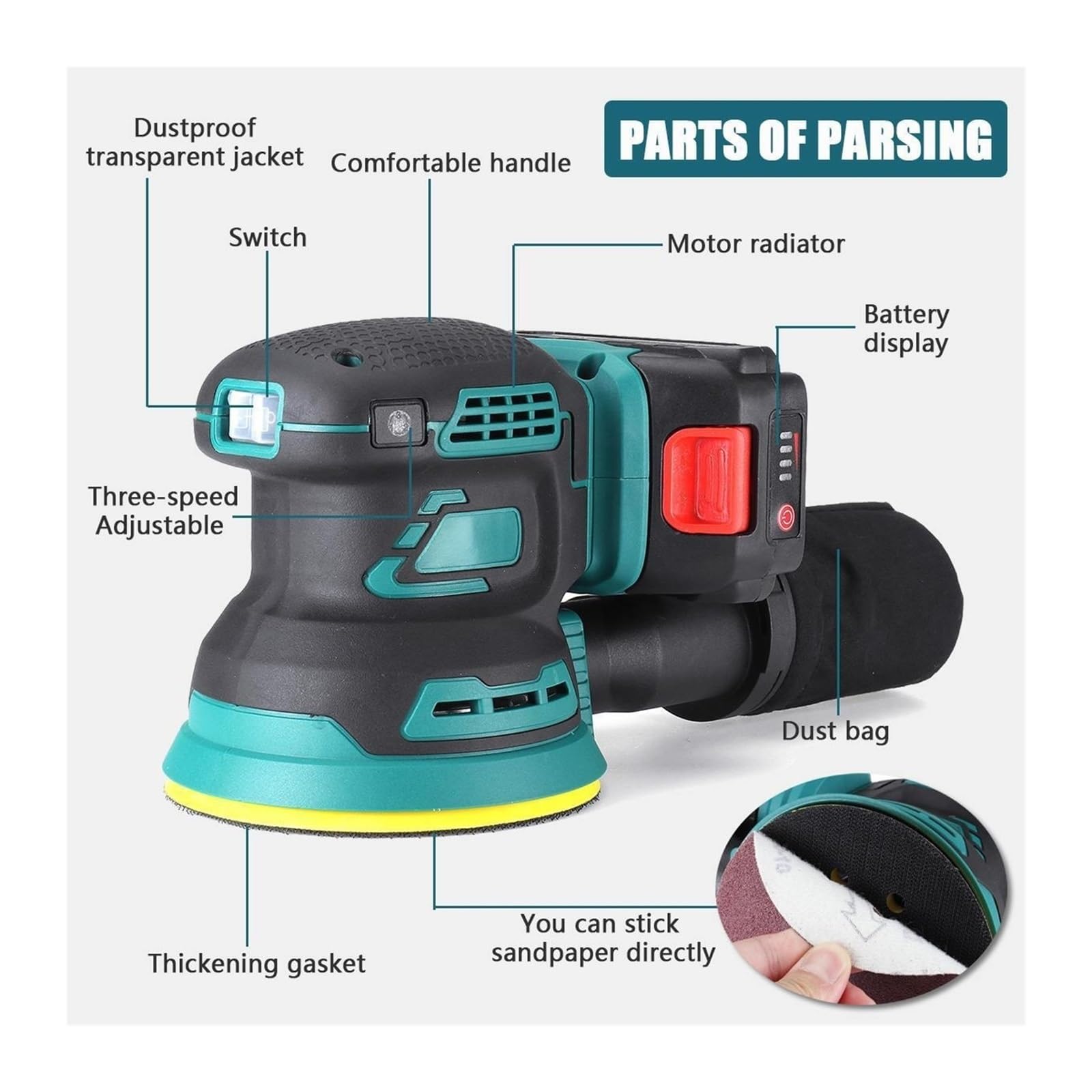 125 MM Cordless Random Orbital Brushless Electric Sander Profesjonalna polerka z 1 papierem ściernym DIY i kreatywne hobby(1 batteries)