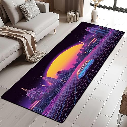 Area Rug Arcade Space Ship to Sunset Retro 80s Fashion Sci Fi 2x6 Runner Rug Non Slip Bath Mat Runners for Hallways Living Room Kitchen Bathroom