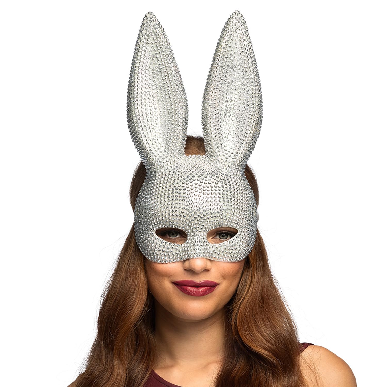Boland 00231 Rabbit Mask Bunny Diamond with Rhinestones and Elastic Band, Glittering Bunny Mask with Long Ears for Carnival, Theme Party and Costume