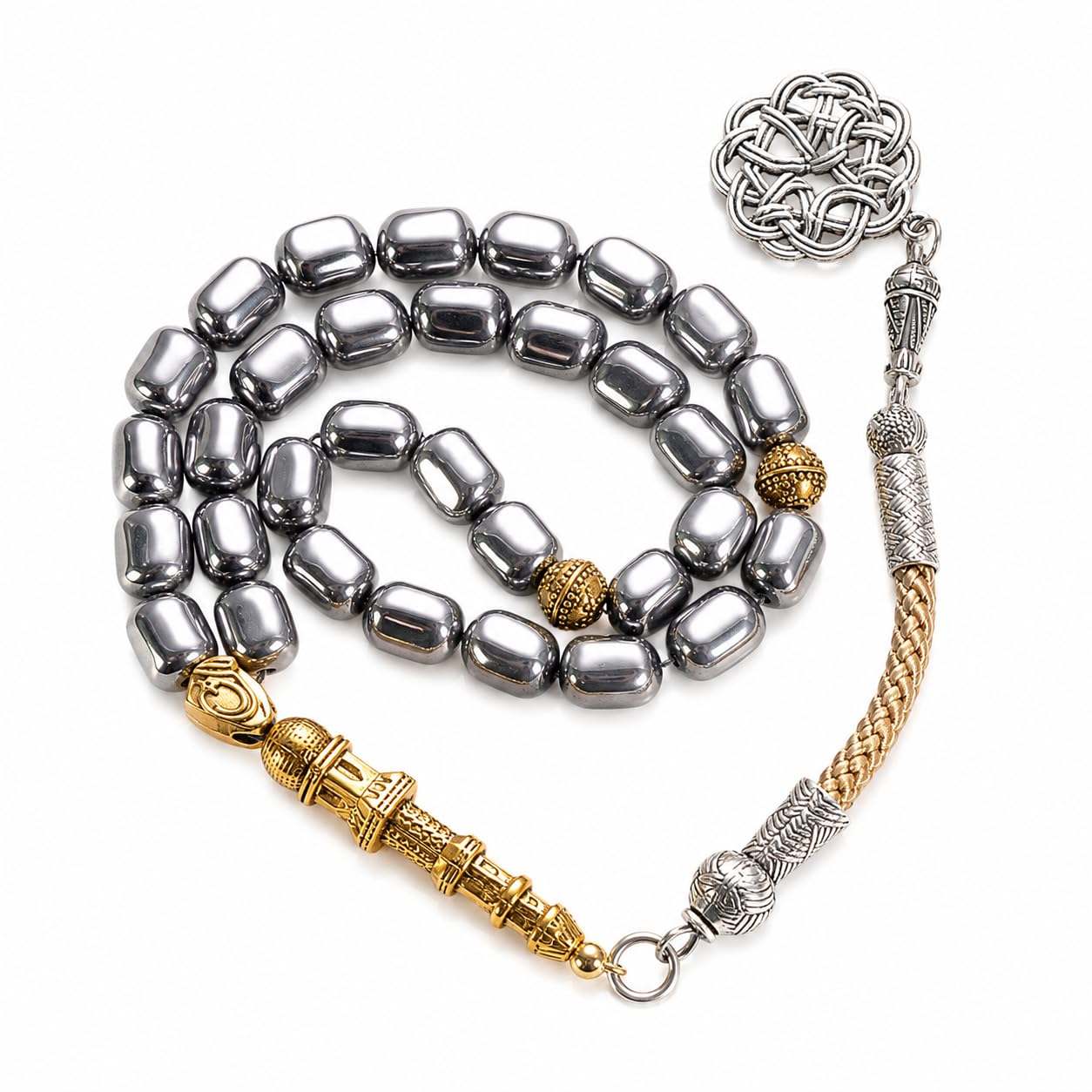 Hematite Tasbih 33 Beads Misbaha, Silvery Gray Muslim Prayer Beads with Braided Cord & Metal Tassel, Smooth Counting for Salah Dhikr, Gift Box, Ramadan Eid Hajj Umrah Gift for Men