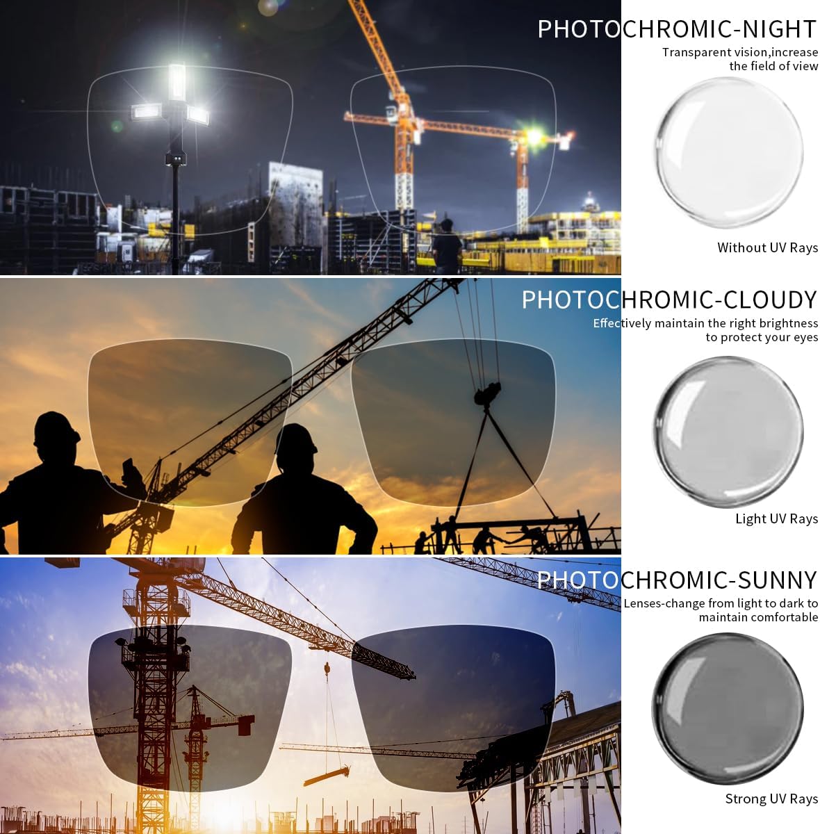 UV400 Photochromic Safety Glasses with Removable Side Shields, Blue Light Blocking - Image 5