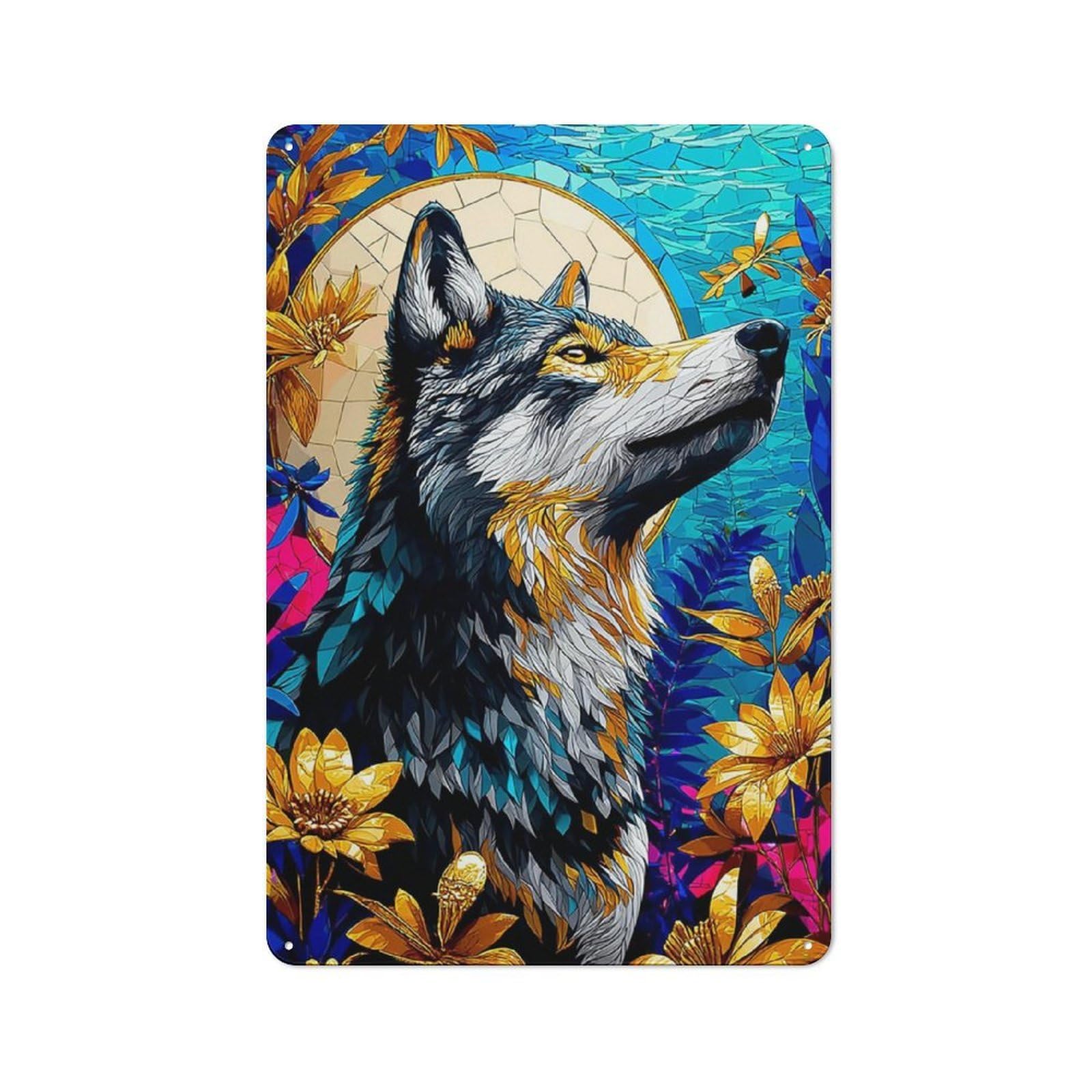Junmoney Colorful Wolf Mosaic Artwork Farmhouse Metal Sign With Design 30X20cm, Rustic Rustic Kitchen Decor For Dining Room, Cafe, Entryway Or Family Room